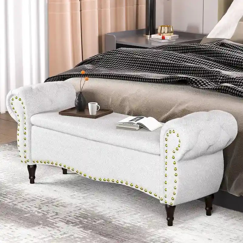 53 Tufted Storage Ottoman Bench with Rolled Arms and Nailhead Trim for Bedroom, Living Room, Entryway