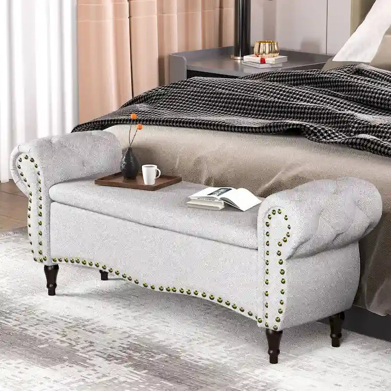 53 Tufted Storage Ottoman Bench with Rolled Arms and Nailhead Trim for Bedroom, Living Room, Entryway