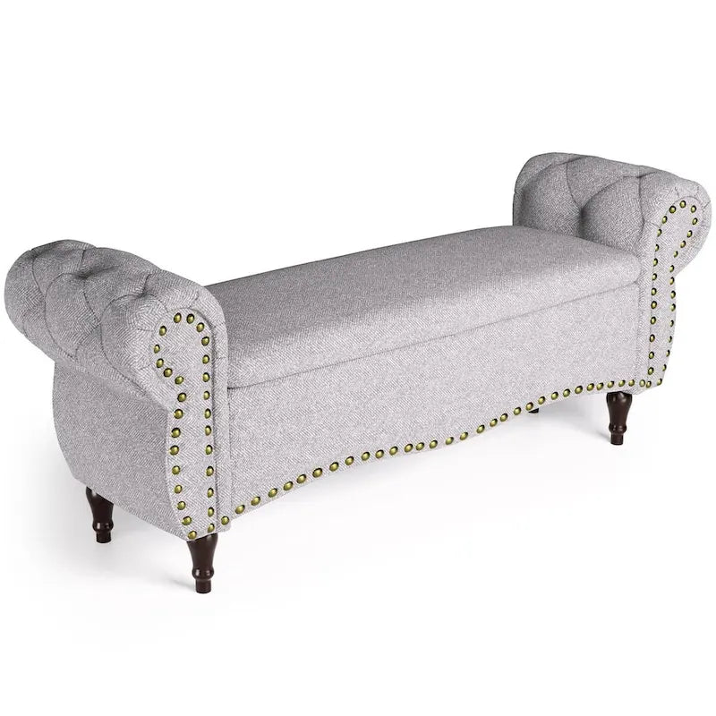 53 Tufted Storage Ottoman Bench with Rolled Arms and Nailhead Trim for Bedroom, Living Room, Entryway