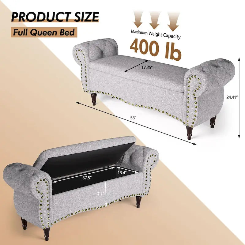53 Tufted Storage Ottoman Bench with Rolled Arms and Nailhead Trim for Bedroom, Living Room, Entryway