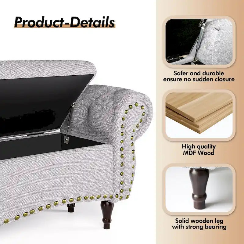 53 Tufted Storage Ottoman Bench with Rolled Arms and Nailhead Trim for Bedroom, Living Room, Entryway