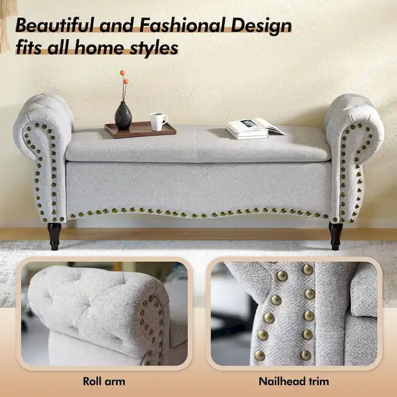 53 Tufted Storage Ottoman Bench with Rolled Arms and Nailhead Trim for Bedroom, Living Room, Entryway