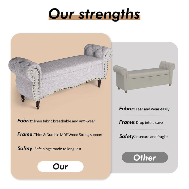 53 Tufted Storage Ottoman Bench with Rolled Arms and Nailhead Trim for Bedroom, Living Room, Entryway