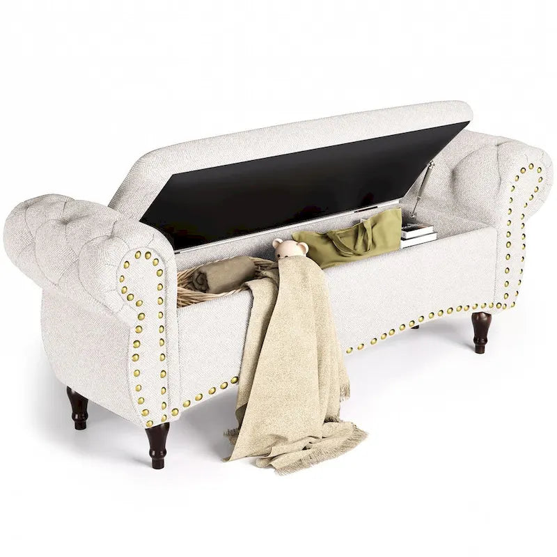 53 Tufted Storage Ottoman Bench with Rolled Arms and Nailhead Trim for Bedroom, Living Room, Entryway