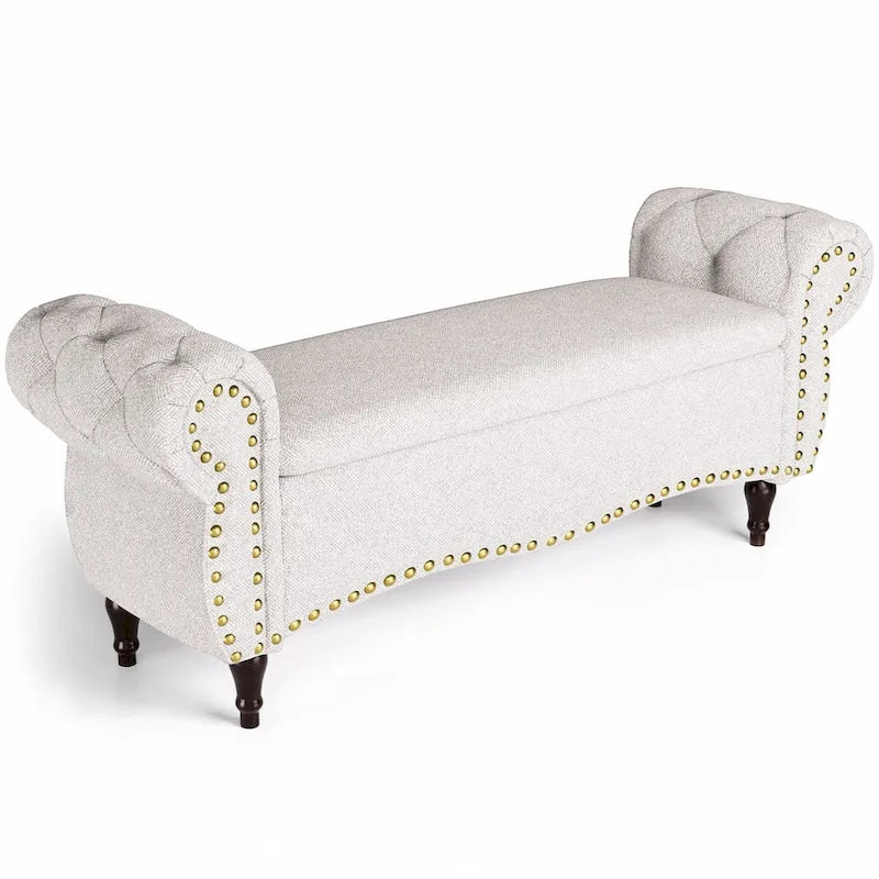 53 Tufted Storage Ottoman Bench with Rolled Arms and Nailhead Trim for Bedroom, Living Room, Entryway