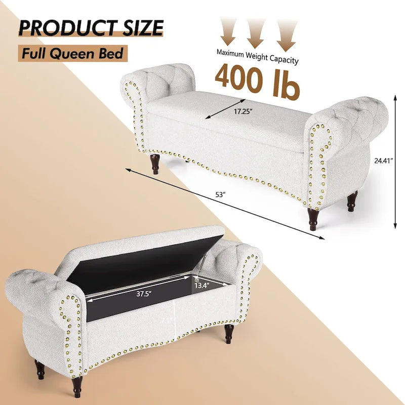 53 Tufted Storage Ottoman Bench with Rolled Arms and Nailhead Trim for Bedroom, Living Room, Entryway