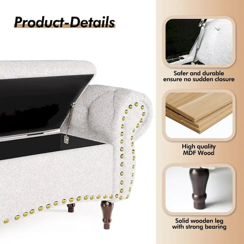 53 Tufted Storage Ottoman Bench with Rolled Arms and Nailhead Trim for Bedroom, Living Room, Entryway