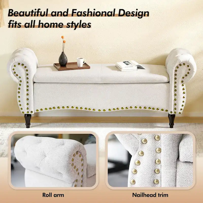 53 Tufted Storage Ottoman Bench with Rolled Arms and Nailhead Trim for Bedroom, Living Room, Entryway