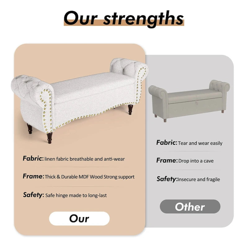53 Tufted Storage Ottoman Bench with Rolled Arms and Nailhead Trim for Bedroom, Living Room, Entryway