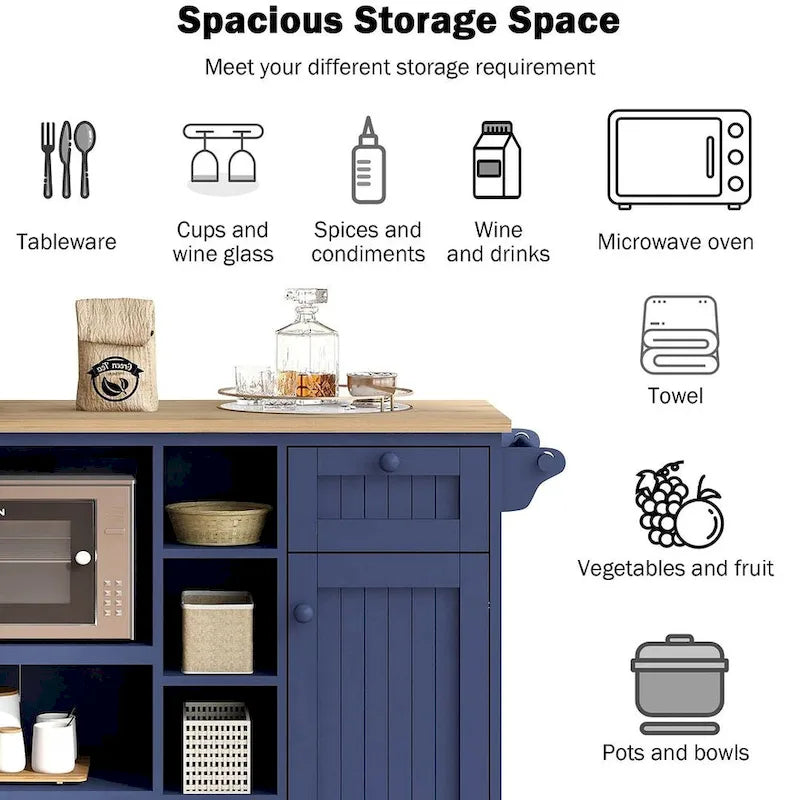 50.80 W Versatile Solid Wood Countertop Kitchen Island with Storage and Two Locking Wheels