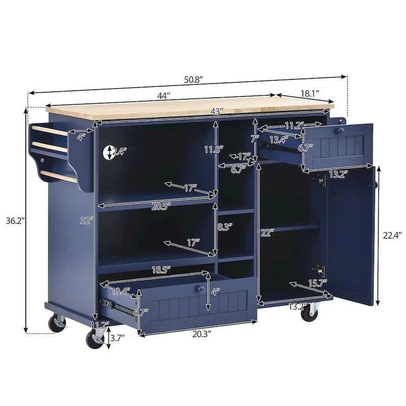 50.80 W Versatile Solid Wood Countertop Kitchen Island with Storage and Two Locking Wheels