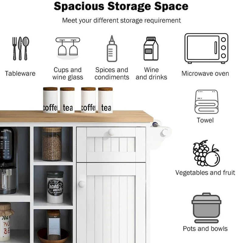 50.80 W Versatile Solid Wood Countertop Kitchen Island with Storage and Two Locking Wheels