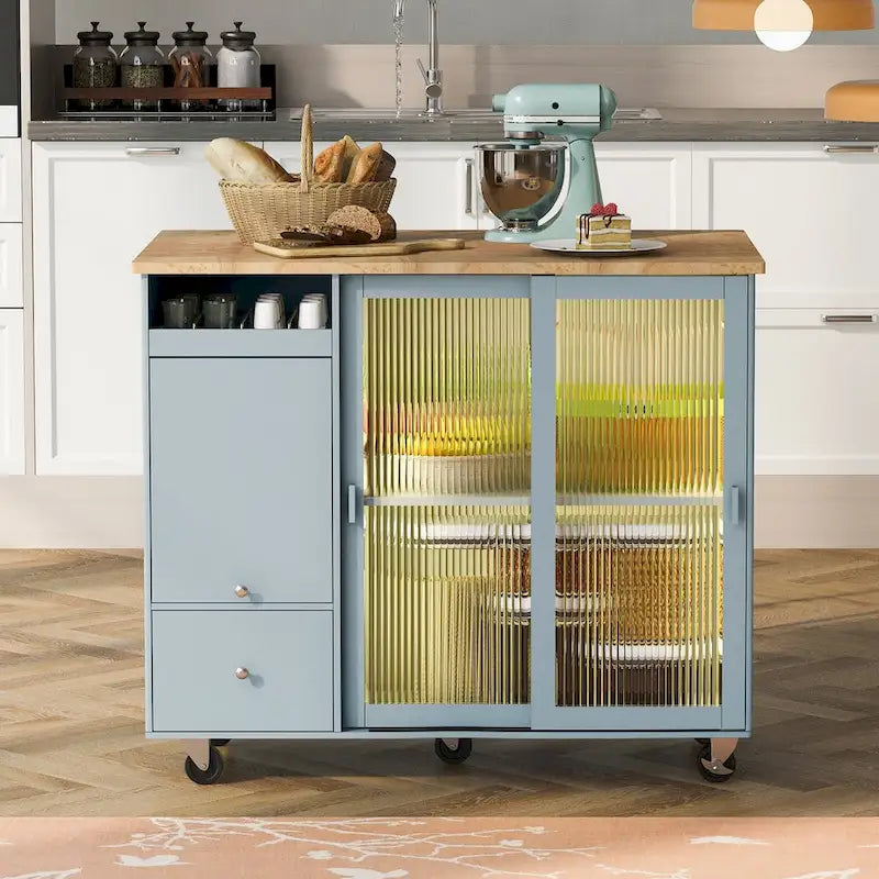 Kitchen Island Cart with Drop-Leaf Surface, LED Lighting, Fluted Glass Doors, Adjustable Shelf, and Two Drawers