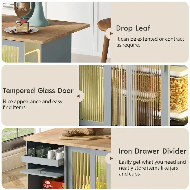 Kitchen Island Cart with Drop-Leaf Surface, LED Lighting, Fluted Glass Doors, Adjustable Shelf, and Two Drawers