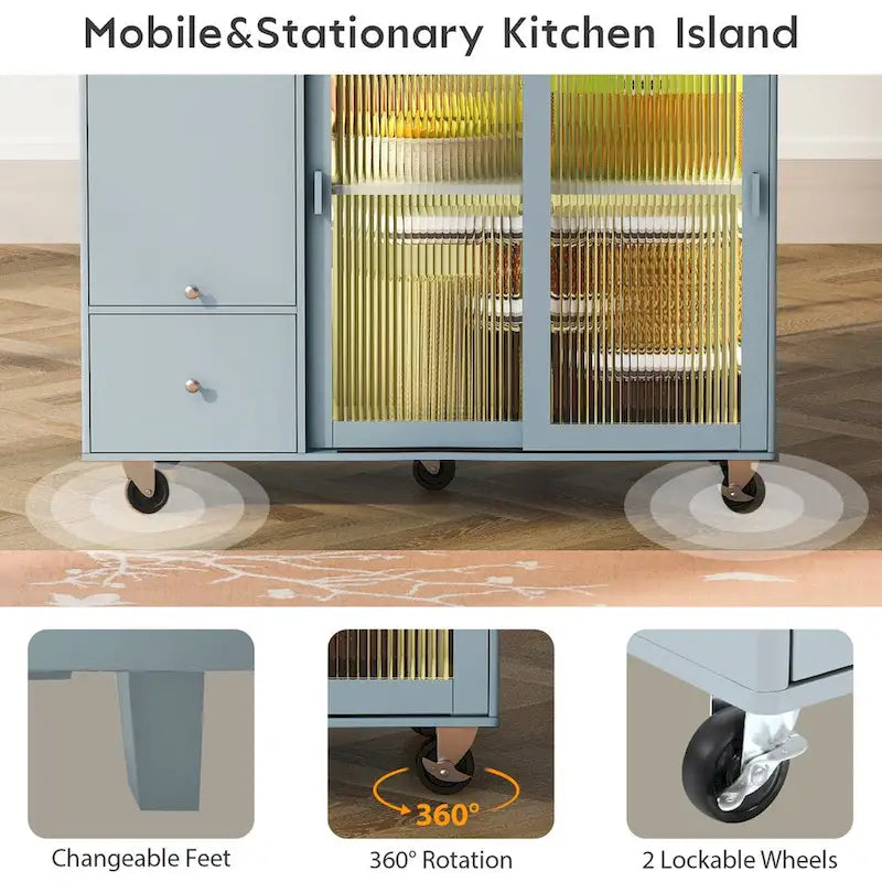 Kitchen Island Cart with Drop-Leaf Surface, LED Lighting, Fluted Glass Doors, Adjustable Shelf, and Two Drawers
