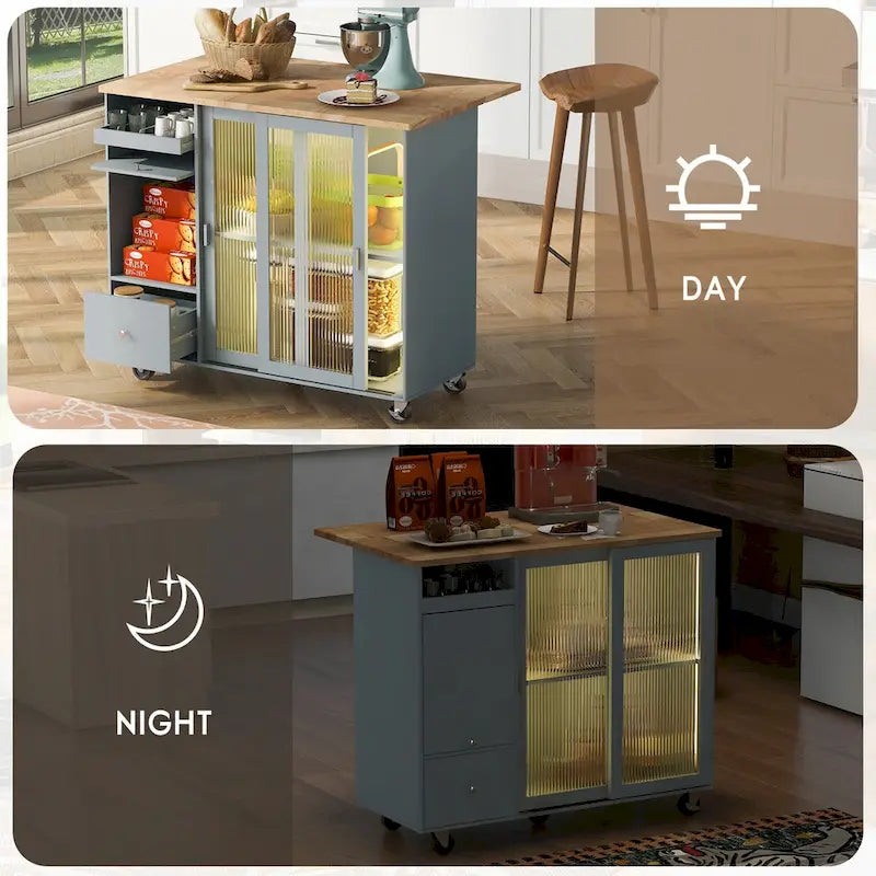 Kitchen Island Cart with Drop-Leaf Surface, LED Lighting, Fluted Glass Doors, Adjustable Shelf, and Two Drawers