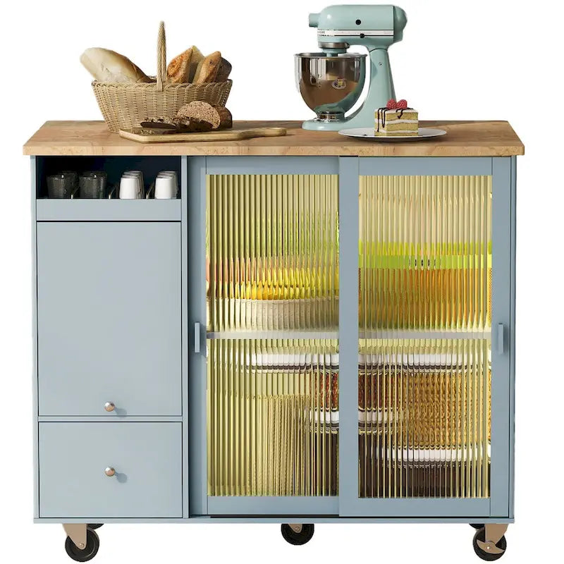 Kitchen Island Cart with Drop-Leaf Surface, LED Lighting, Fluted Glass Doors, Adjustable Shelf, and Two Drawers