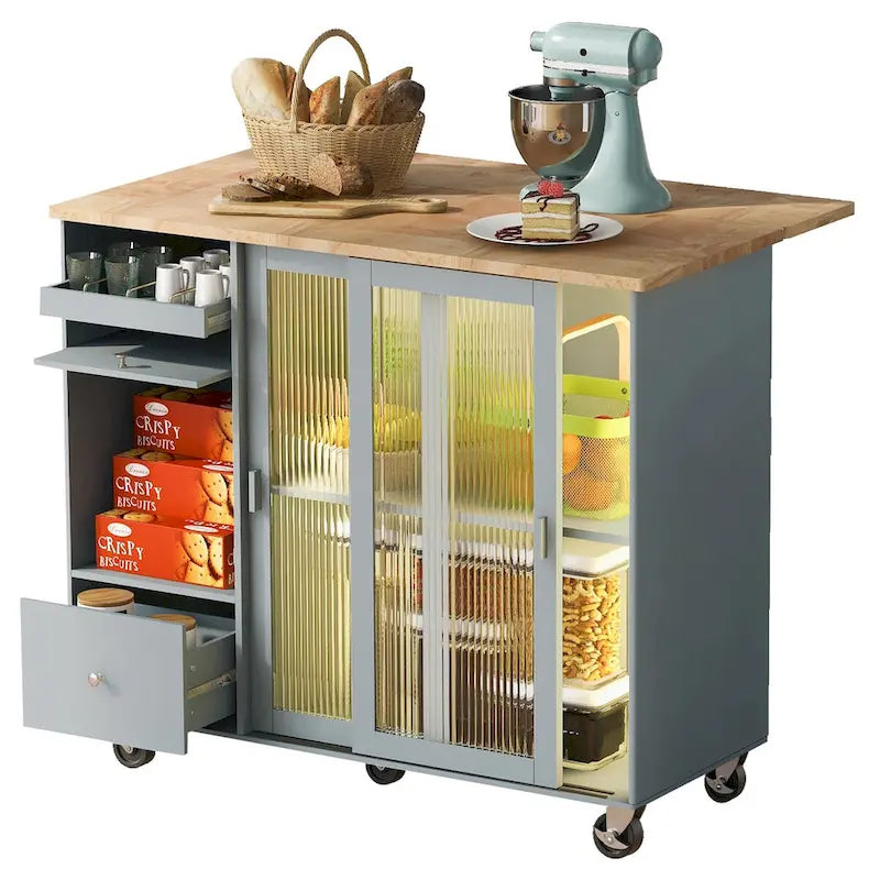 Kitchen Island Cart with Drop-Leaf Surface, LED Lighting, Fluted Glass Doors, Adjustable Shelf, and Two Drawers