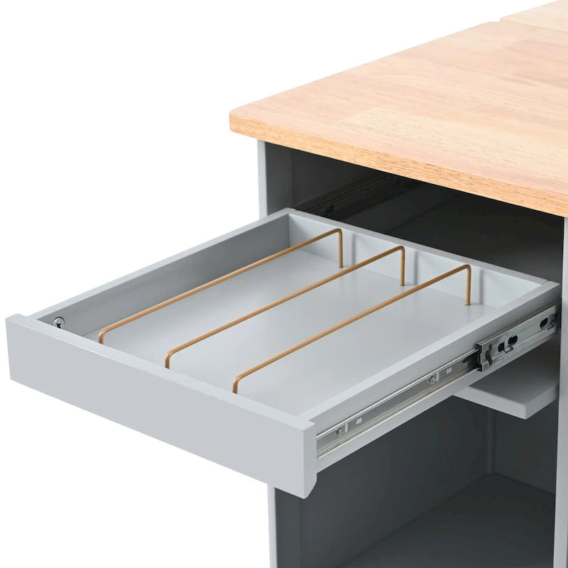 Kitchen Island Cart with Drop-Leaf Surface, LED Lighting, Fluted Glass Doors, Adjustable Shelf, and Two Drawers
