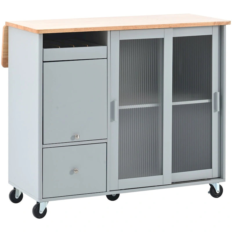 Kitchen Island Cart with Drop-Leaf Surface, LED Lighting, Fluted Glass Doors, Adjustable Shelf, and Two Drawers