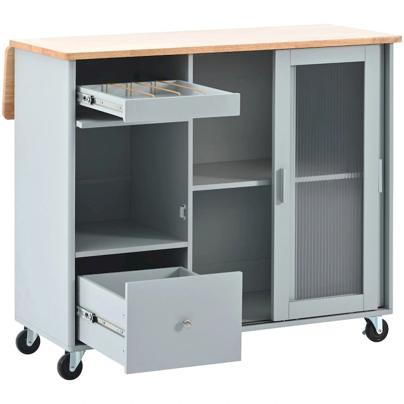 Kitchen Island Cart with Drop-Leaf Surface, LED Lighting, Fluted Glass Doors, Adjustable Shelf, and Two Drawers