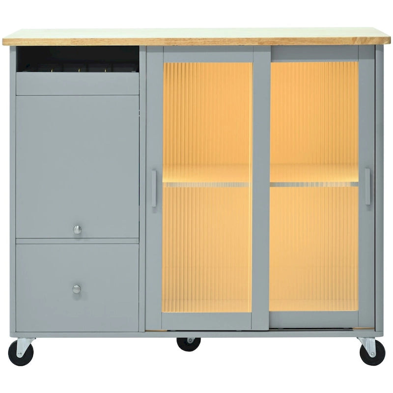 Kitchen Island Cart with Drop-Leaf Surface, LED Lighting, Fluted Glass Doors, Adjustable Shelf, and Two Drawers