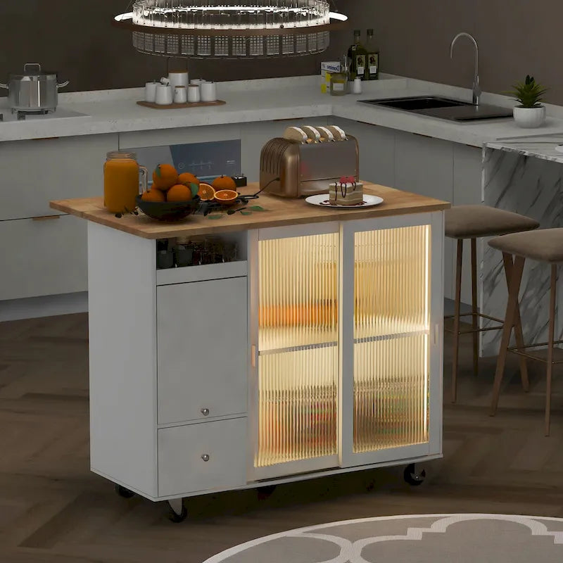 Kitchen Island Cart with Drop-Leaf Surface, LED Lighting, Fluted Glass Doors, Adjustable Shelf, and Two Drawers