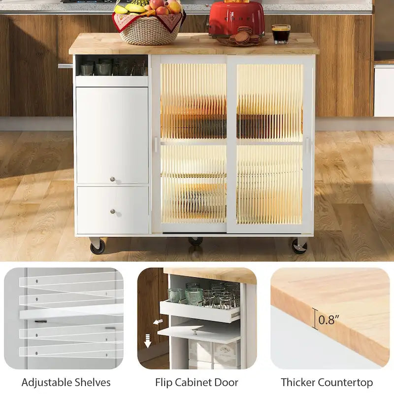Kitchen Island Cart with Drop-Leaf Surface, LED Lighting, Fluted Glass Doors, Adjustable Shelf, and Two Drawers