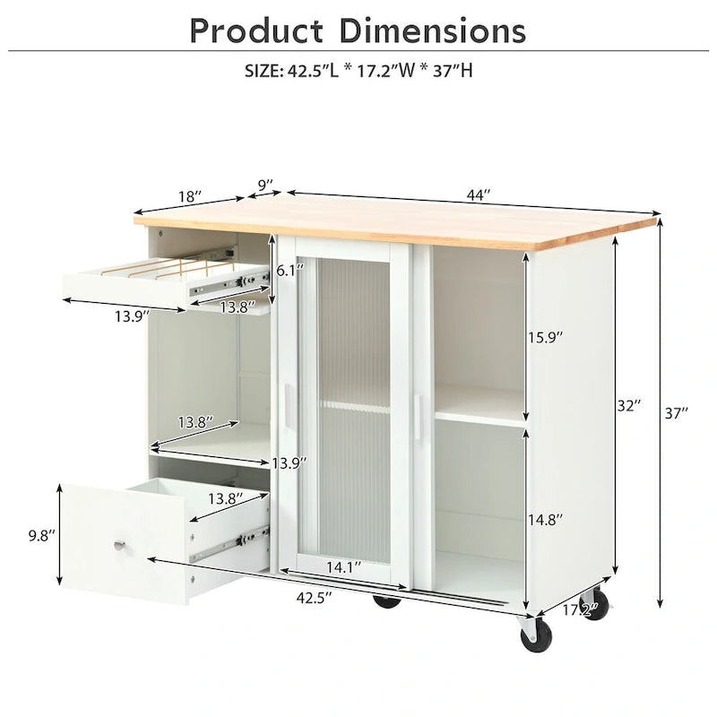 Kitchen Island Cart with Drop-Leaf Surface, LED Lighting, Fluted Glass Doors, Adjustable Shelf, and Two Drawers
