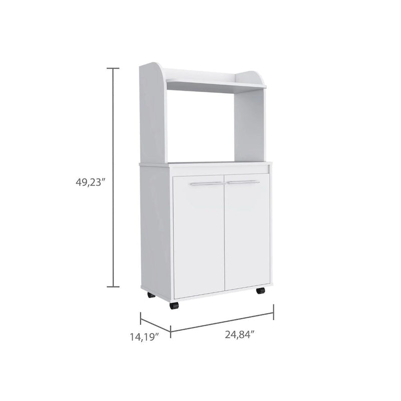 Kira Kitchen Kart, Double Door Cabinet, One Open Shelf, Two Interior Shelves -White
