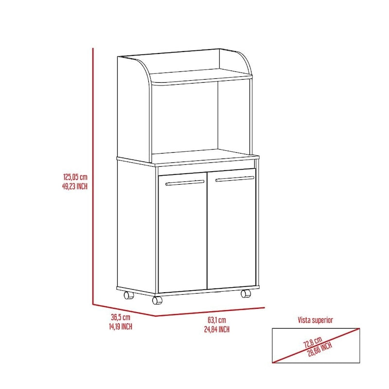 Kira Kitchen Kart, Double Door Cabinet, One Open Shelf, Two Interior Shelves -White