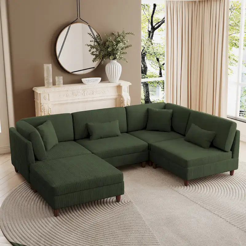 Modular Corduroy Sectional Sofa with Wood Legs