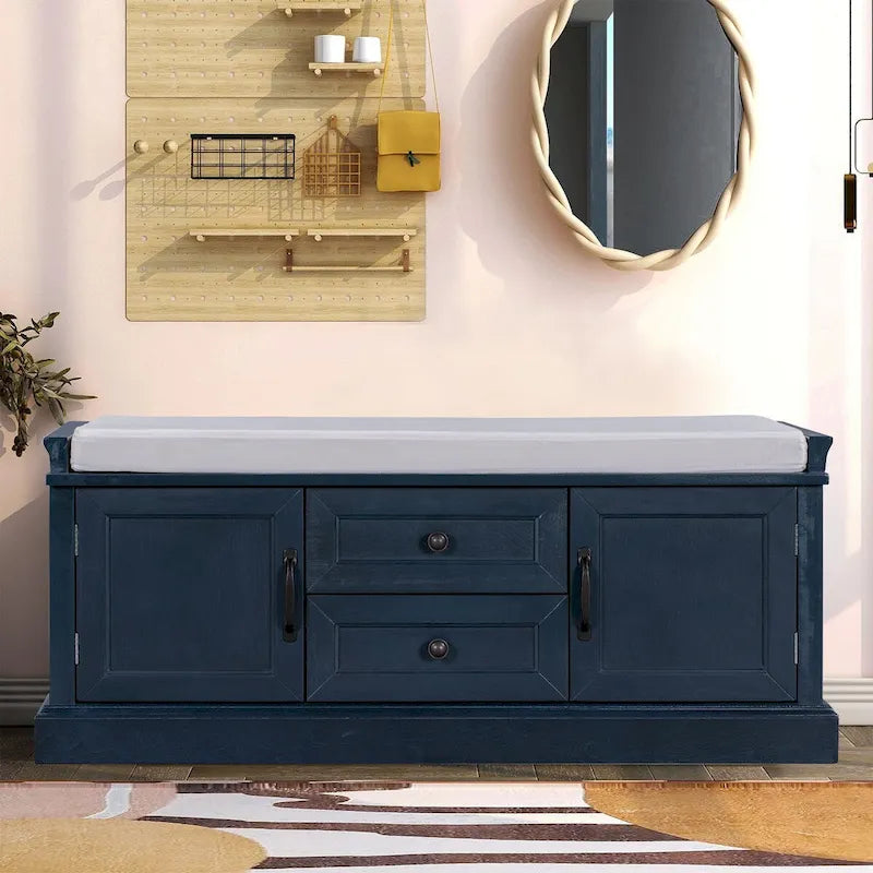 Vintage Chic Wooden Storage Bench with Removable Foam-Filled Velvet Seat Cushion
