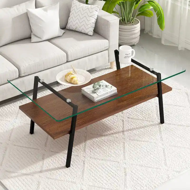 Tempered Glass Coffee Table with Metal Legs and MDF Base