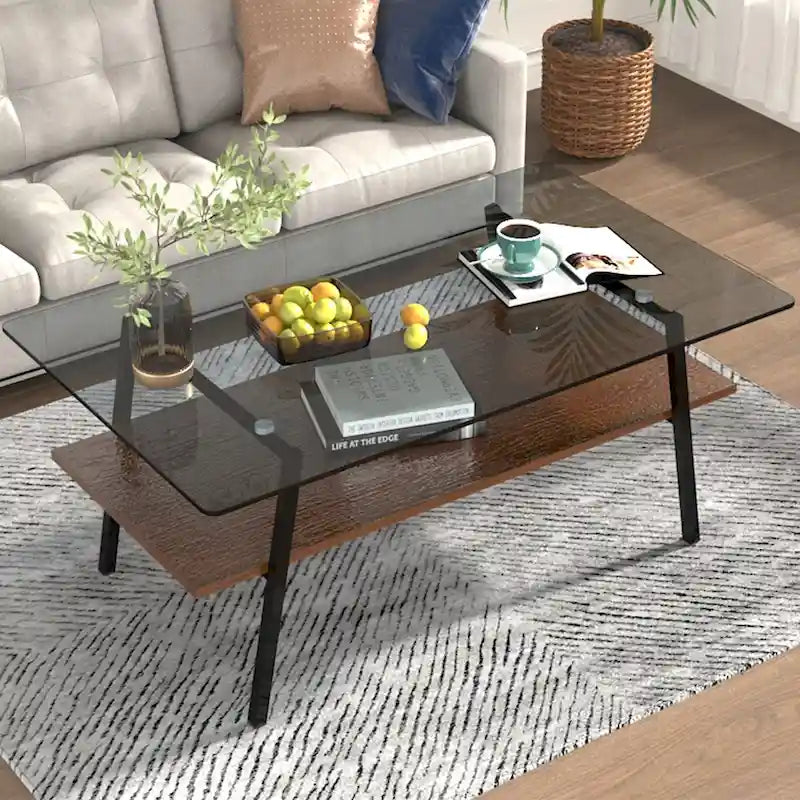 Tempered Glass Coffee Table with Metal Legs and MDF Base