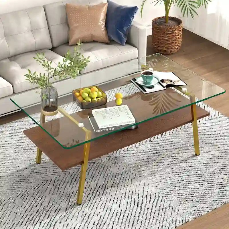 Tempered Glass Coffee Table with Metal Legs and MDF Base
