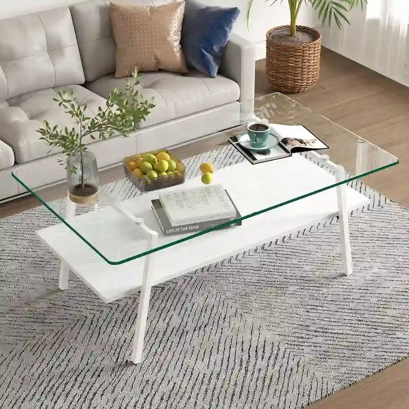 Tempered Glass Coffee Table with Metal Legs and MDF Base