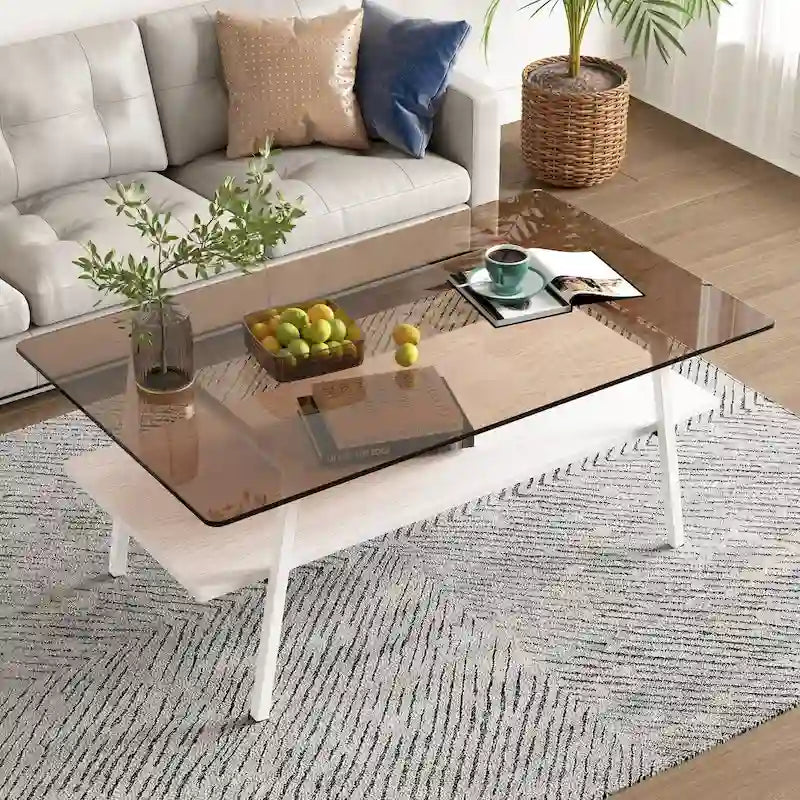 Tempered Glass Coffee Table with Metal Legs and MDF Base