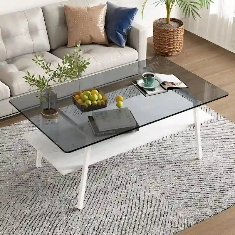 Tempered Glass Coffee Table with Metal Legs and MDF Base