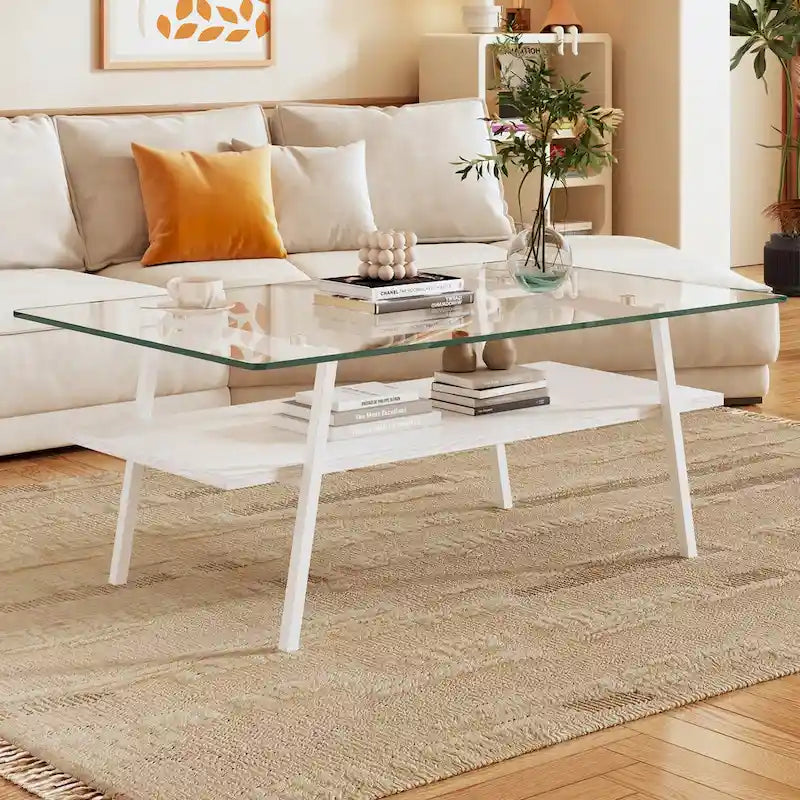 Tempered Glass Coffee Table with Metal Legs and MDF Base
