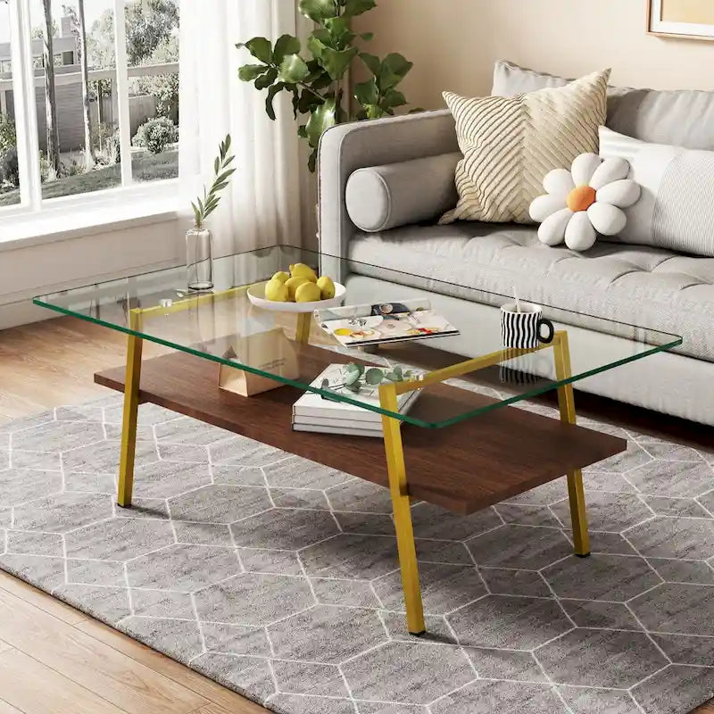 Tempered Glass Coffee Table with Metal Legs and MDF Base