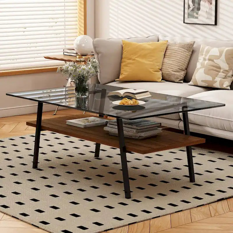 Tempered Glass Coffee Table with Metal Legs and MDF Base
