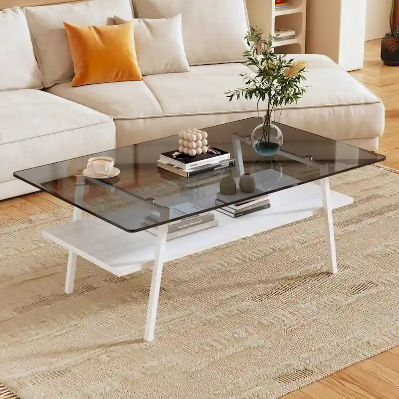 Tempered Glass Coffee Table with Metal Legs and MDF Base