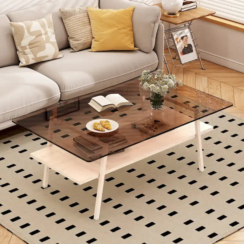Tempered Glass Coffee Table with Metal Legs and MDF Base