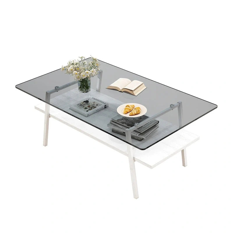 Tempered Glass Coffee Table with Metal Legs and MDF Base