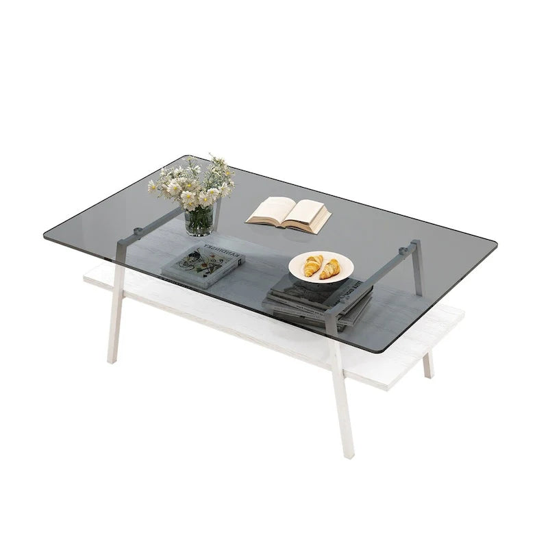 Tempered Glass Coffee Table with Metal Legs and MDF Base