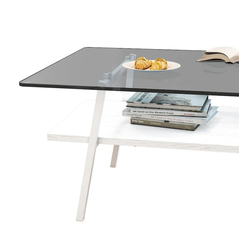 Tempered Glass Coffee Table with Metal Legs and MDF Base