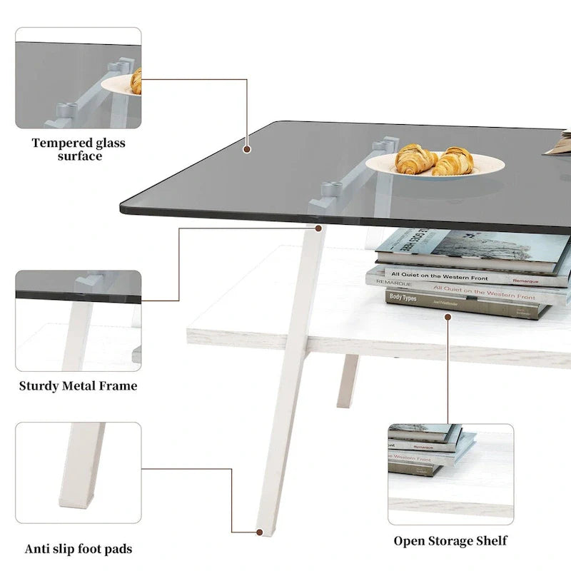 Tempered Glass Coffee Table with Metal Legs and MDF Base