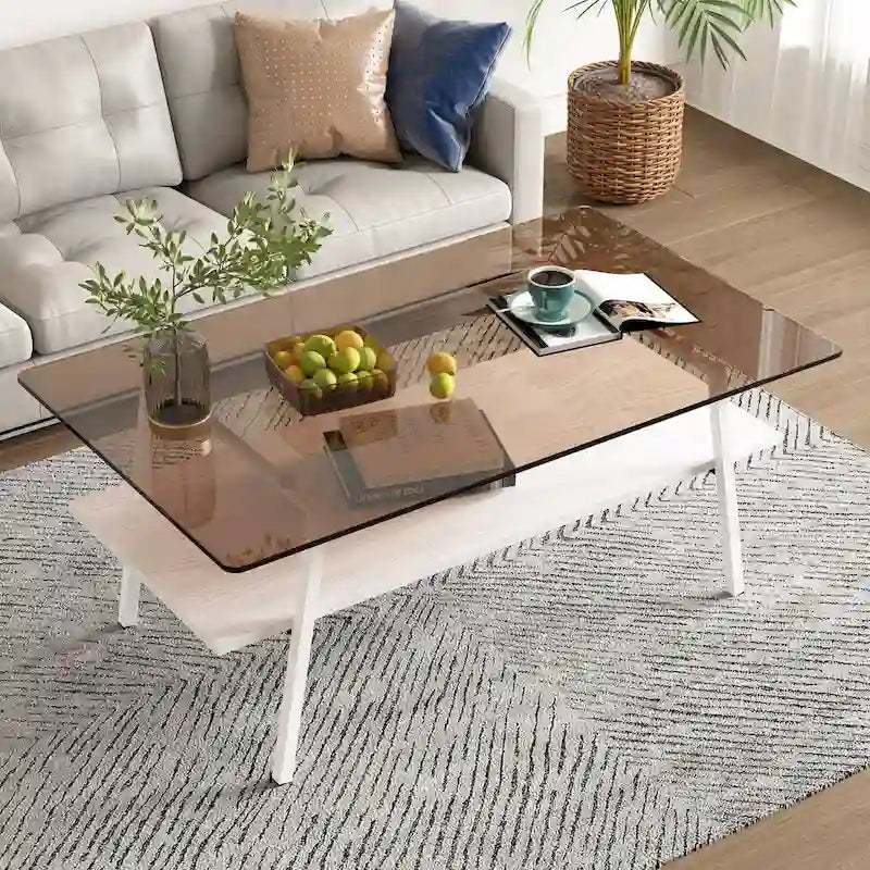 Tempered Glass Coffee Table with Metal Legs and MDF Base