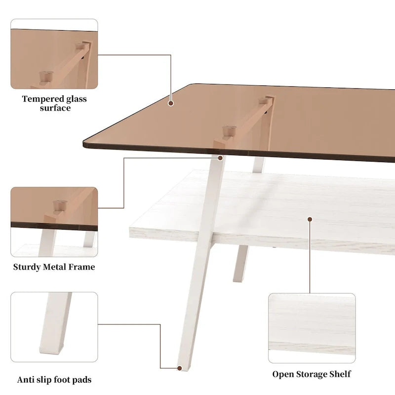 Tempered Glass Coffee Table with Metal Legs and MDF Base
